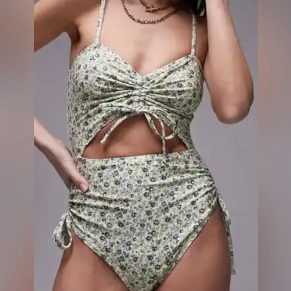 NWT Topshop cut-out swimsuit in blue ditsy floral Sz 4.